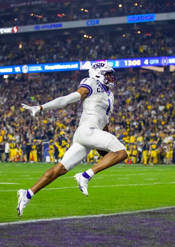 TCU WR Quentin Johnston runs in for a touchdown during the Fiesta Bowl.